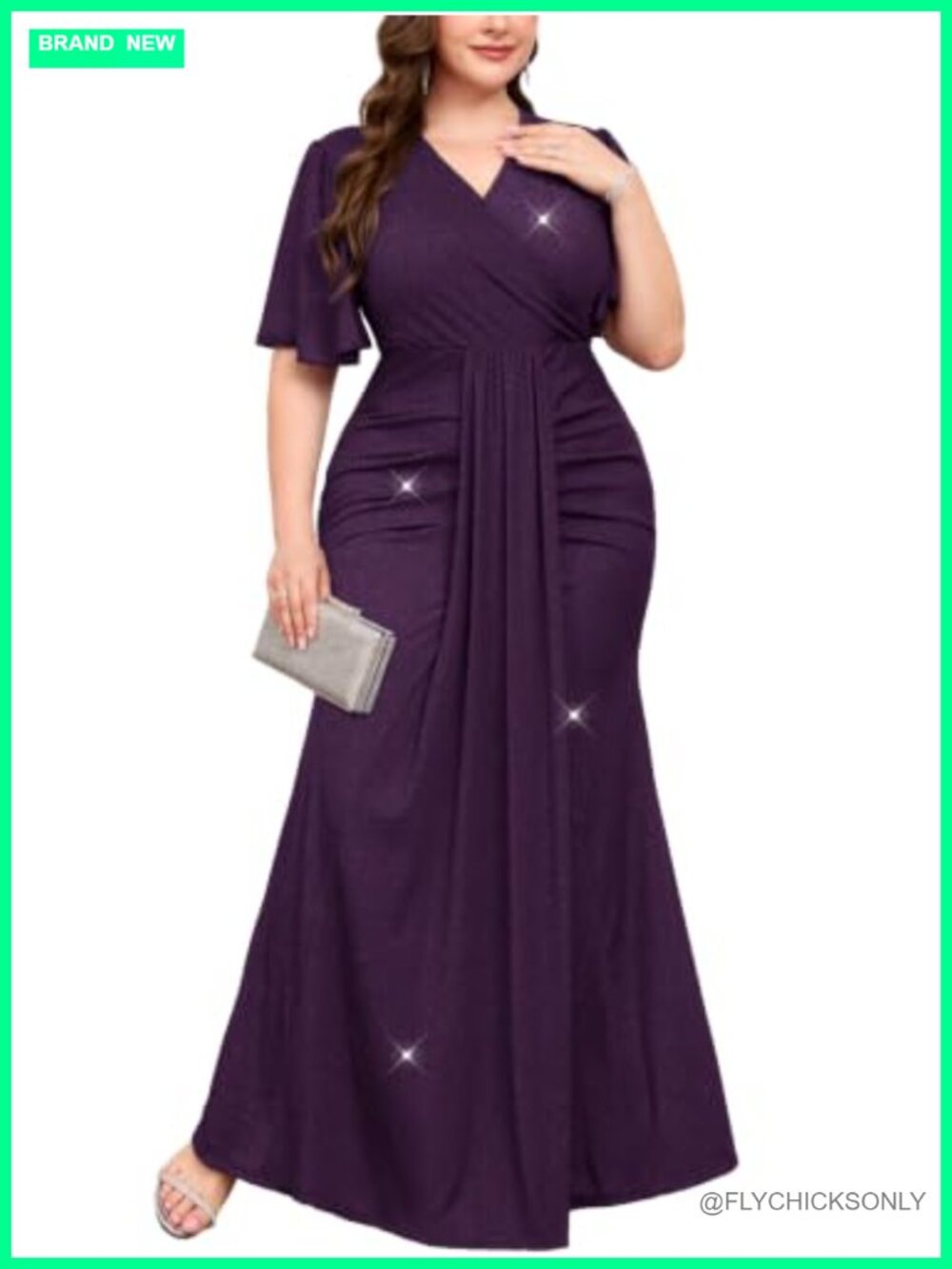 Plus Size Formal Evening Dress Sparkly V Neck Ruffle Sleeve Maxi Wedding Guest
